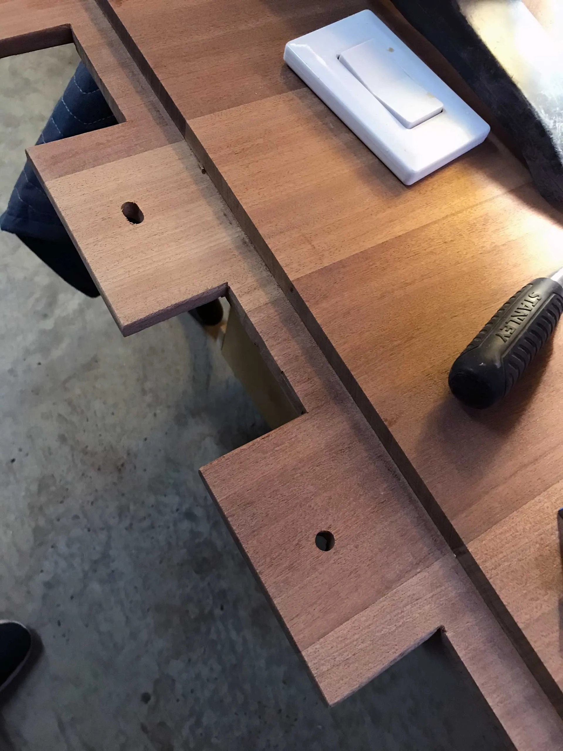 Trestle table leg taper being cut
