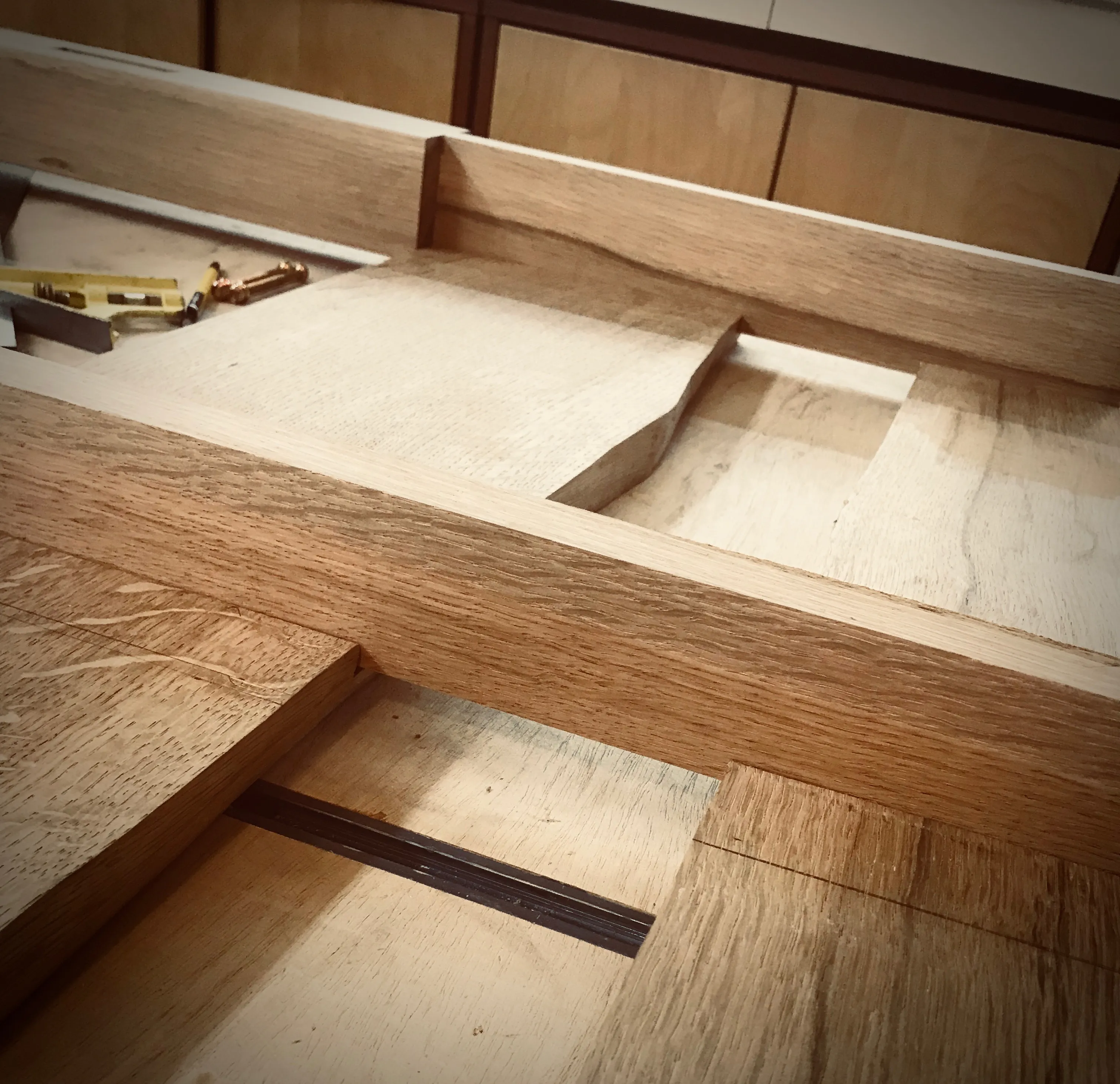 Bed frame joinery being test-fit before glue-up
