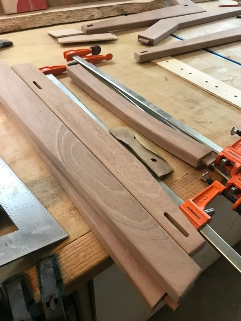 Mahogany chair frame pieces dry-fit before glue-up