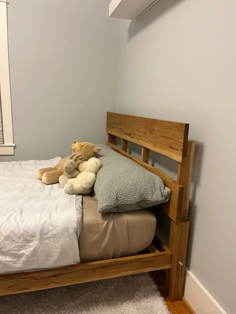 White oak bed frame side rail joinery detail
