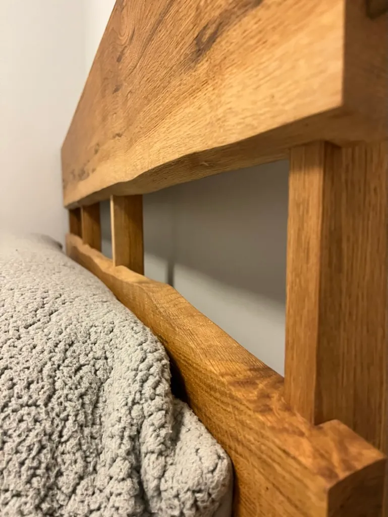 White oak bed footboard joinery close-up