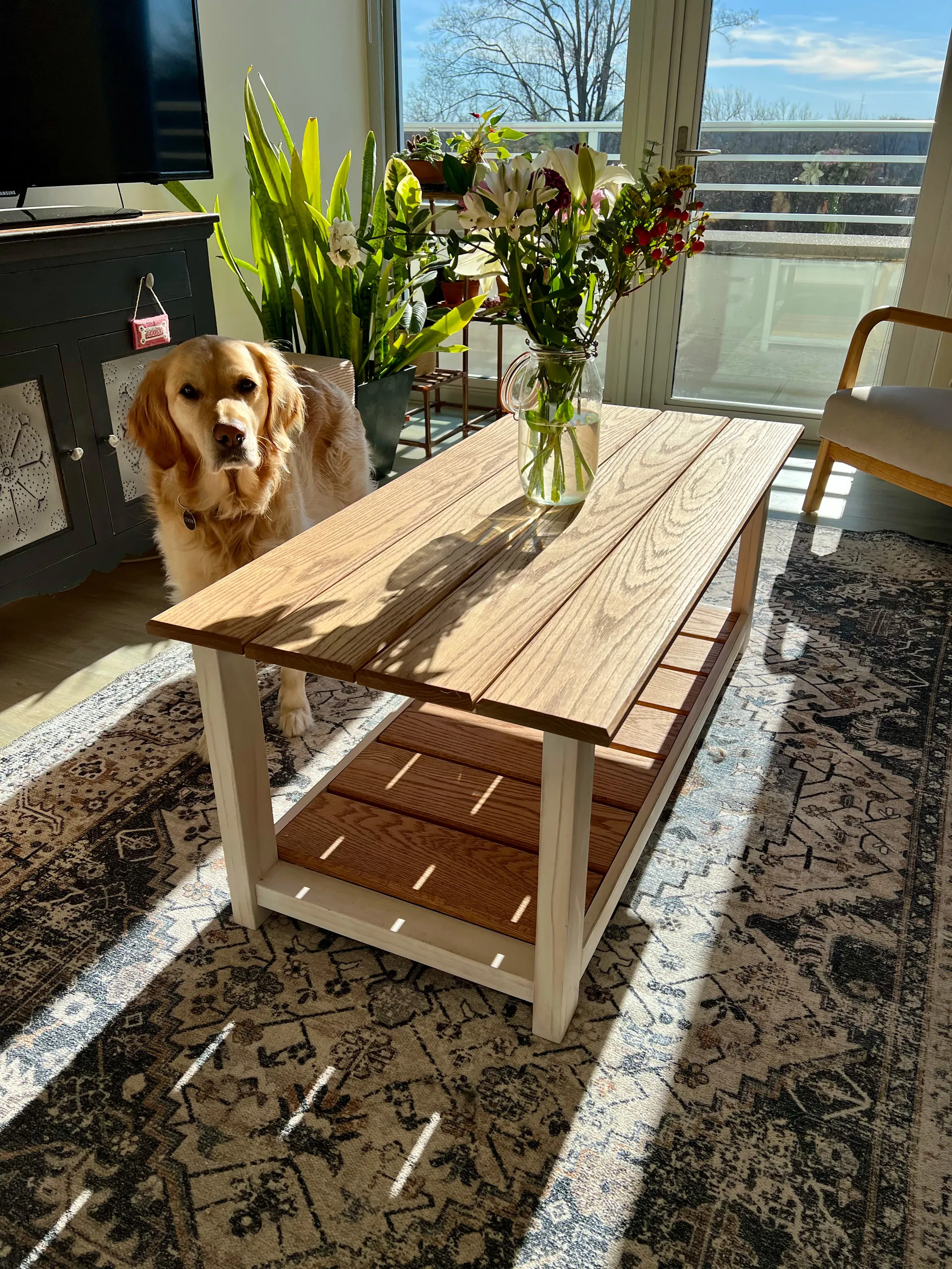 Detail of the coffee table's tabletop grain and shelf slats