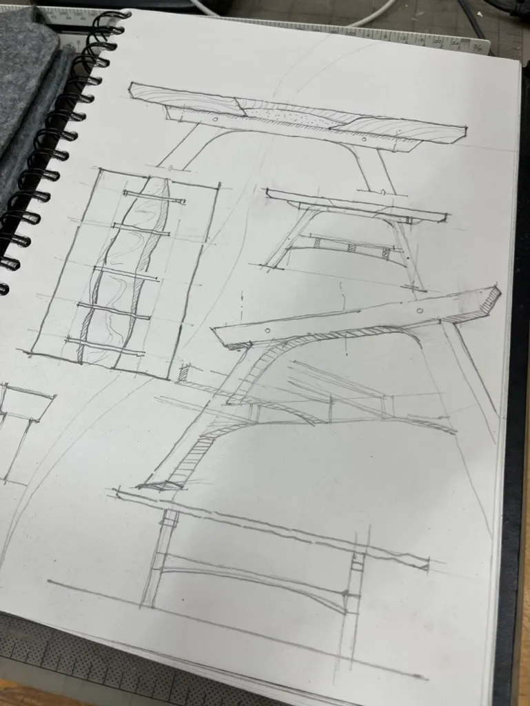 Sketchbook plans for the river table's trestle-style base