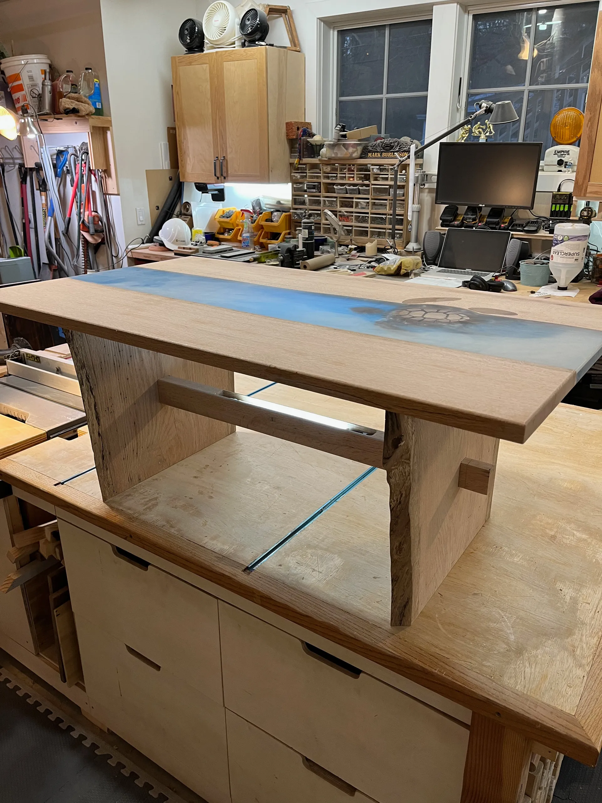 Turtle table components staged before final assembly