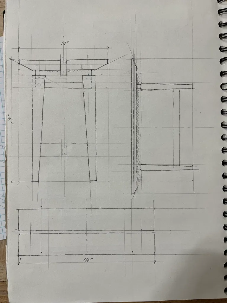 Sketchbook plans for the entryway bench's leg dimensions (14 inches, 19 inches, 48 inches)