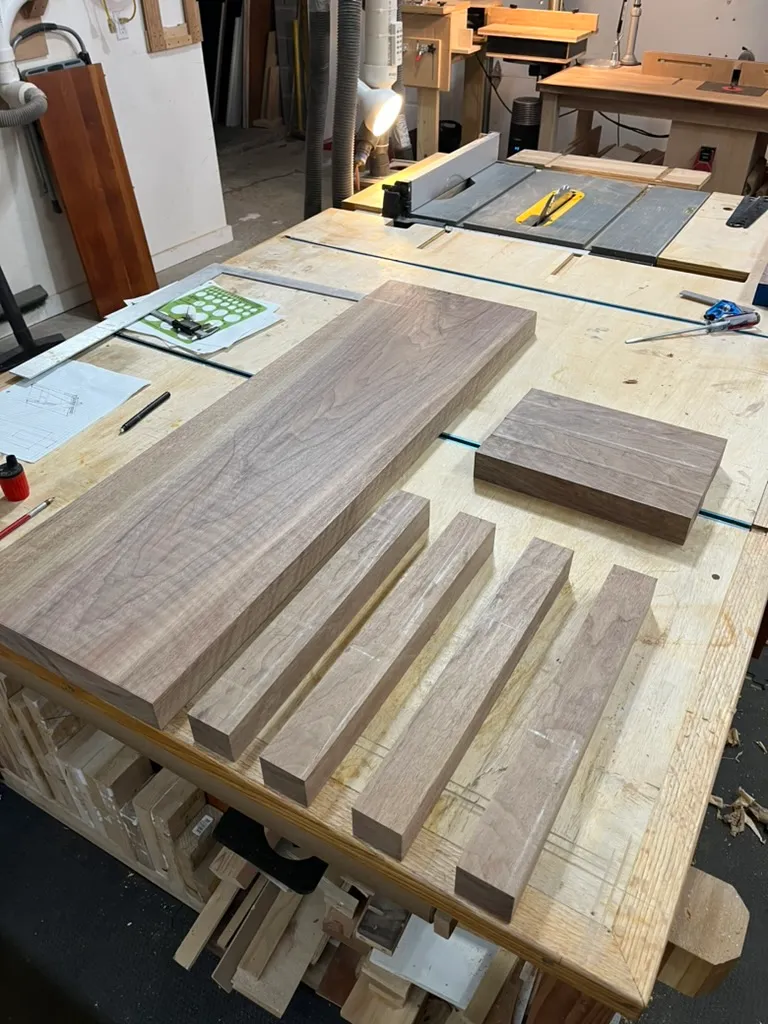 Cutting the walnut bench legs to length