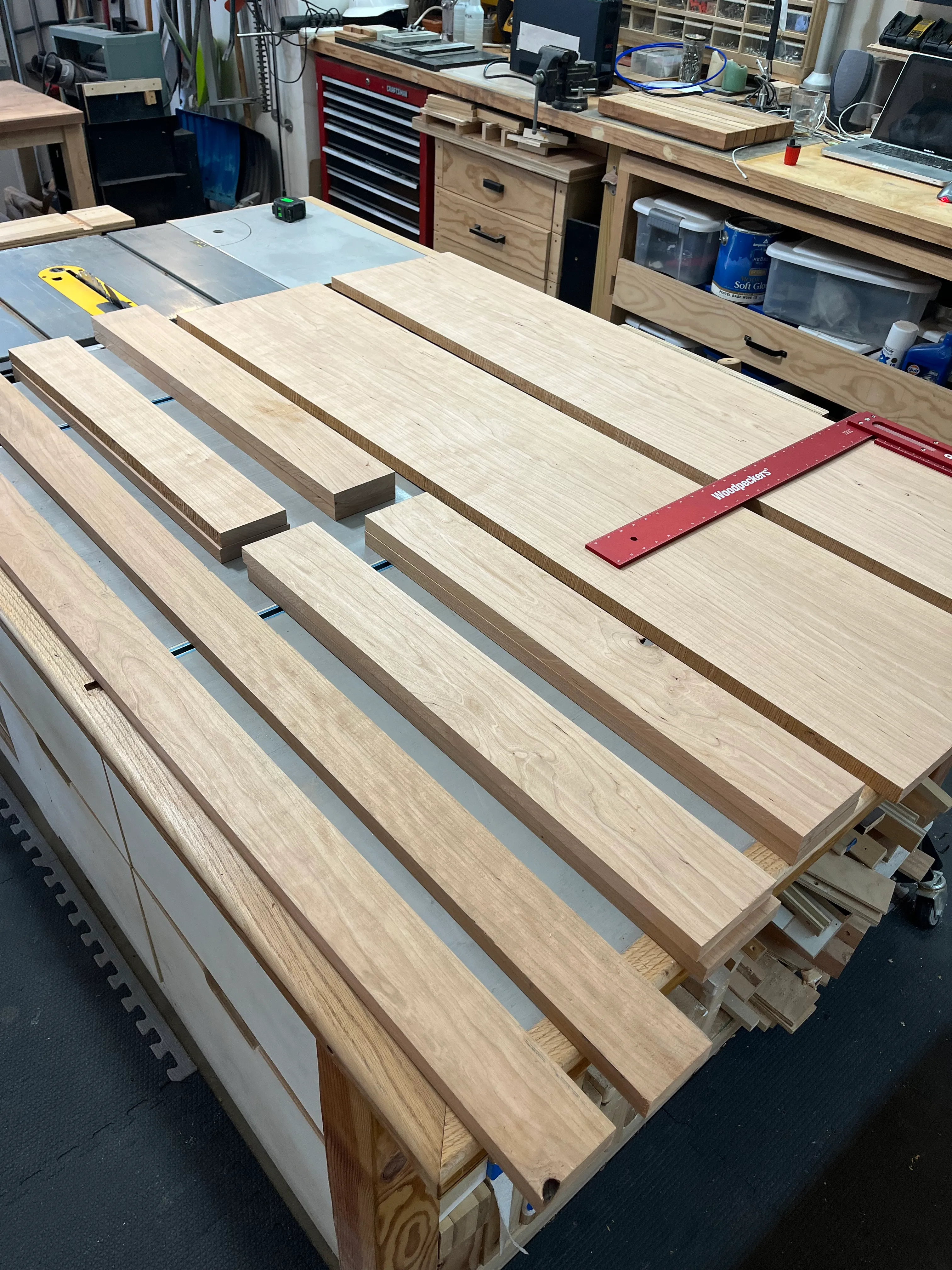 Cutting the end table's cherry shelf boards to size