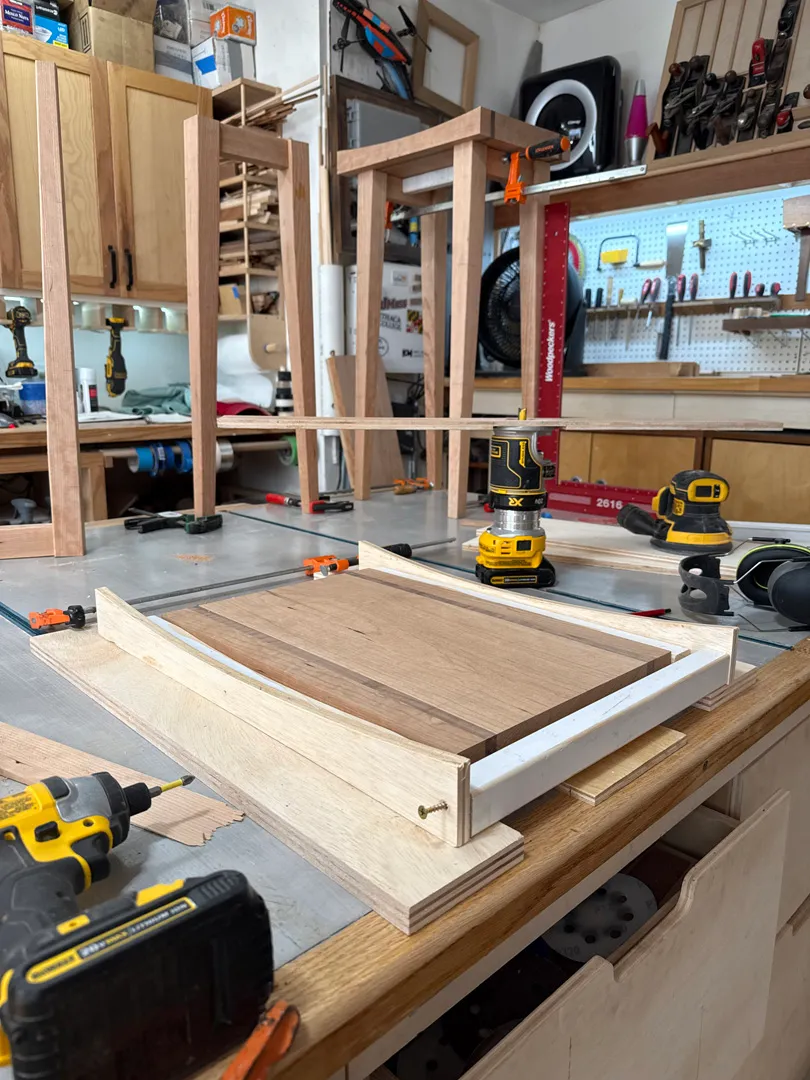 Sanding a cherry stool leg