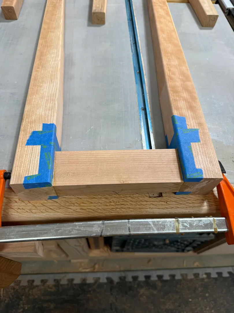 Cherry stool frame pieces dry-fit before glue-up